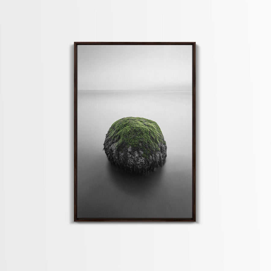 Moss Rock Minimal, Green Accent Art, Coastal Zen Decor, Framed Canvas Print, Modern Neutral Room, Nature Wall Aesthetic Walnut Frame