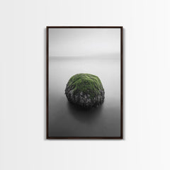 Moss Rock Minimal, Green Accent Art, Coastal Zen Decor, Framed Canvas Print, Modern Neutral Room, Nature Wall Aesthetic Walnut Frame