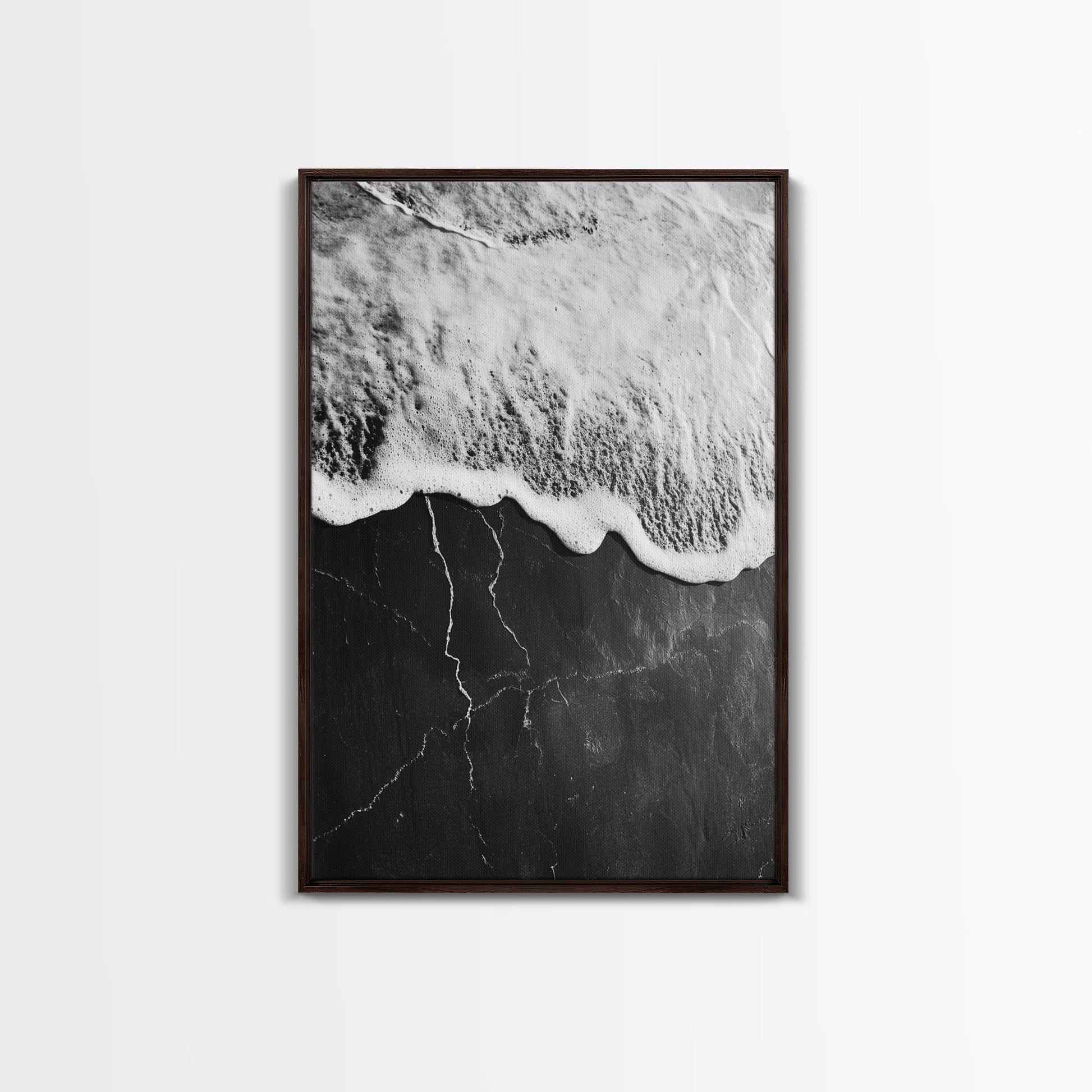 Wave Edge, Cracked Earth, Tide Meets Stone, Nature Contrast, Canvas Print, Abstract Ocean Art, Minimalist Wall Decor, Bathroom Artwork Dark Brown Floater