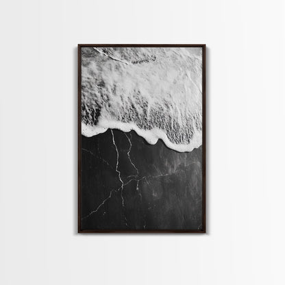 Wave Edge, Cracked Earth, Tide Meets Stone, Nature Contrast, Canvas Print, Abstract Ocean Art, Minimalist Wall Decor, Bathroom Artwork Dark Brown Floater