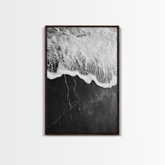 Wave Edge, Cracked Earth, Tide Meets Stone, Nature Contrast, Canvas Print, Abstract Ocean Art, Minimalist Wall Decor, Bathroom Artwork Walnut Frame