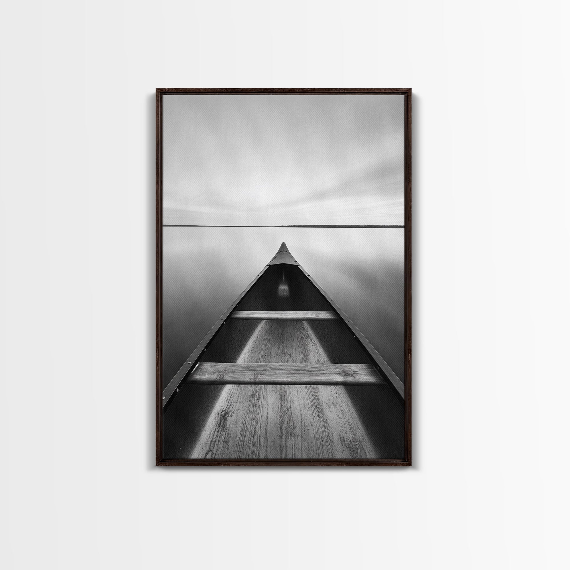 Canoe, Lake, Calm, Horizon - Minimalist lake paddle scene, Framed Canvas Print, peaceful home office art, Scandinavian decor, wilderness print Walnut Frame