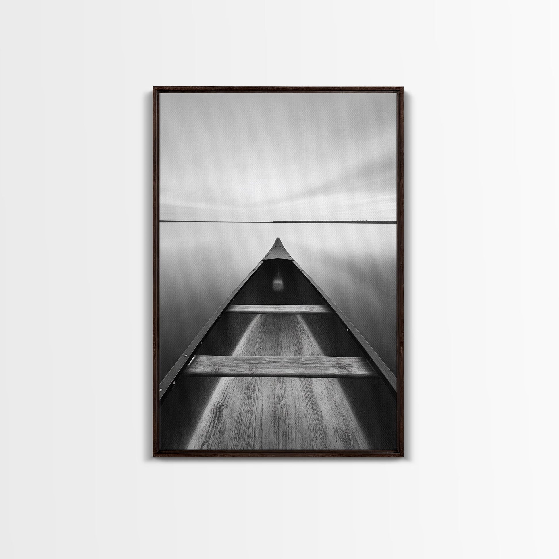 Canoe, Lake, Calm, Horizon - Minimalist lake paddle scene, Framed Canvas Print, peaceful home office art, Scandinavian decor, wilderness print Dark Brown Floater