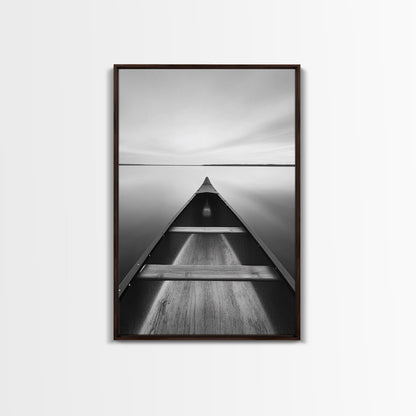 Canoe, Lake, Calm, Horizon - Minimalist lake paddle scene, Framed Canvas Print, peaceful home office art, Scandinavian decor, wilderness print Dark Brown Floater