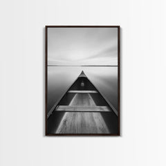 Canoe, Lake, Calm, Horizon - Minimalist lake paddle scene, Framed Canvas Print, peaceful home office art, Scandinavian decor, wilderness print Walnut Frame