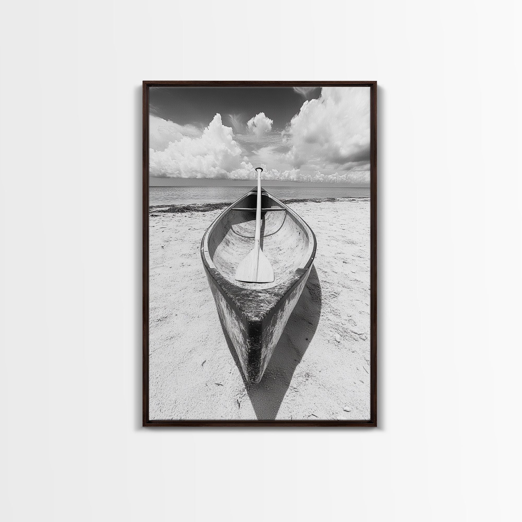 Paddle, Canoe, Beach, Clouds - Summer boating scene, Canvas Print, ideal bathroom or guestroom nautical art, rustic coastal boho wall decor Walnut Frame
