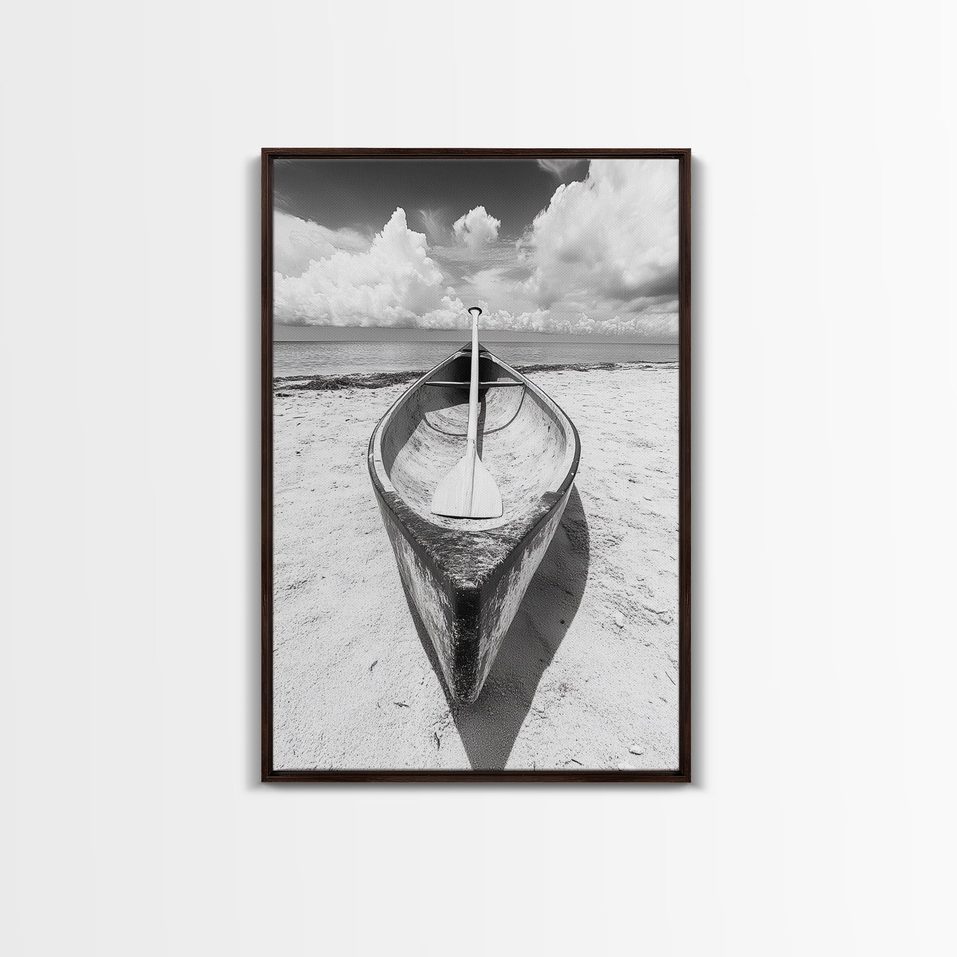 Paddle, Canoe, Beach, Clouds - Summer boating scene, Canvas Print, ideal bathroom or guestroom nautical art, rustic coastal boho wall decor Dark Brown Floater
