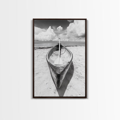 Paddle, Canoe, Beach, Clouds - Summer boating scene, Canvas Print, ideal bathroom or guestroom nautical art, rustic coastal boho wall decor Dark Brown Floater