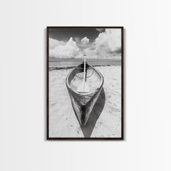 Paddle, Canoe, Beach, Clouds - Summer boating scene, Canvas Print, ideal bathroom or guestroom nautical art, rustic coastal boho wall decor Walnut Frame