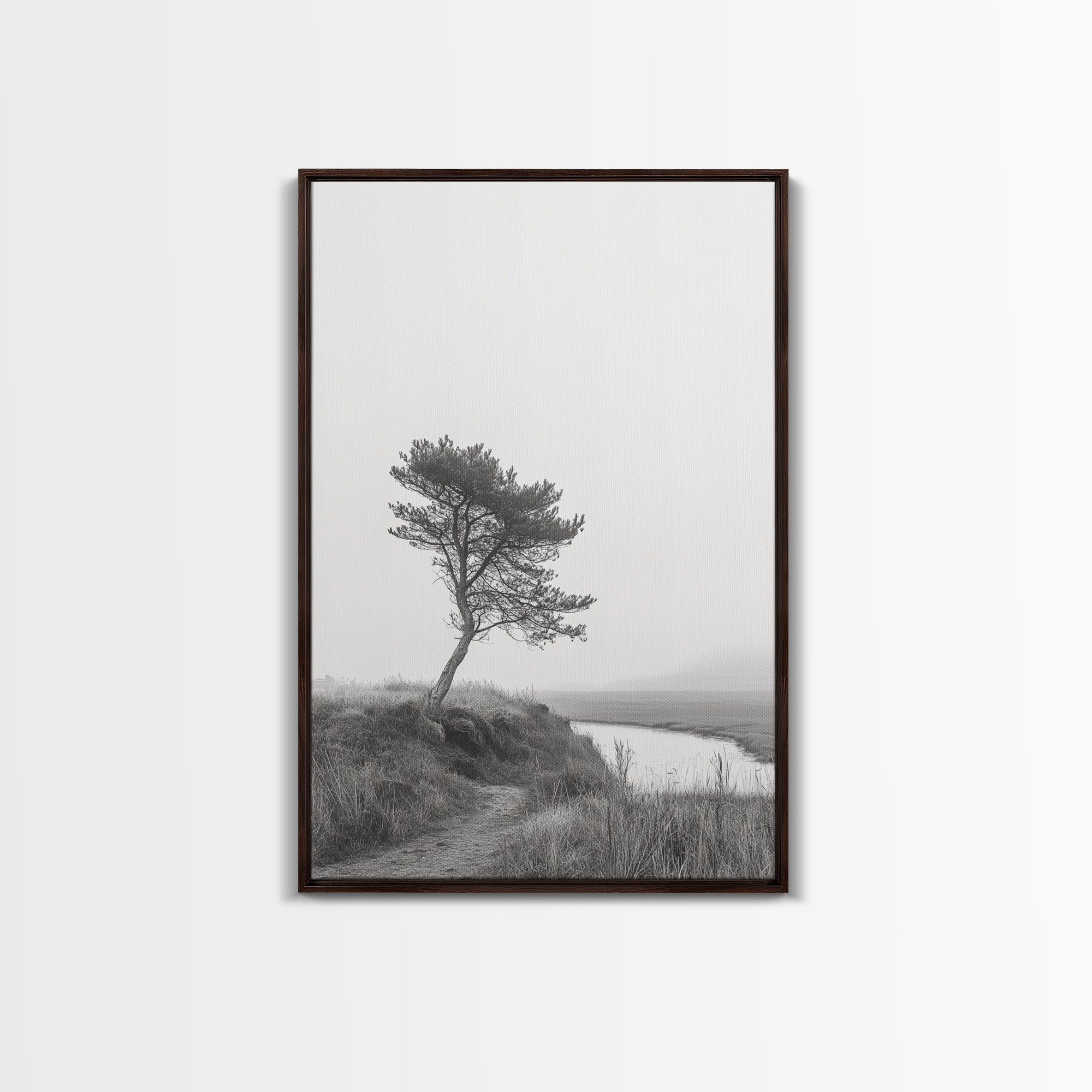 Leaning Tree Path, Soft Fog Scene, Calm Landscape, Canvas Print, Serene Entryway Wall Art, Nature Photography, Minimalist Decor Walnut Frame