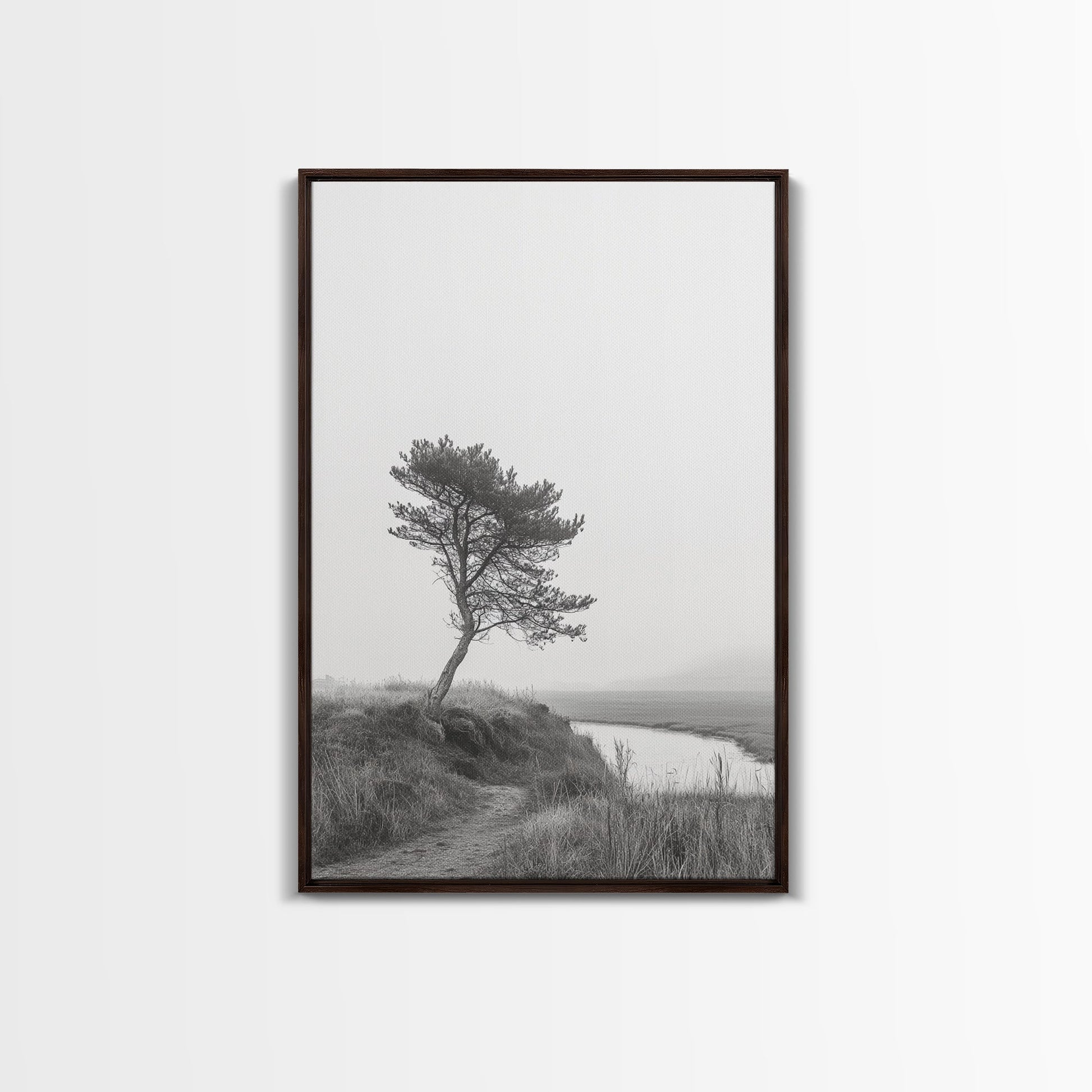 Leaning Tree Path, Soft Fog Scene, Calm Landscape, Canvas Print, Serene Entryway Wall Art, Nature Photography, Minimalist Decor Dark Brown Floater