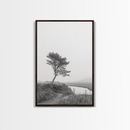 Leaning Tree Path, Soft Fog Scene, Calm Landscape, Canvas Print, Serene Entryway Wall Art, Nature Photography, Minimalist Decor Dark Brown Floater
