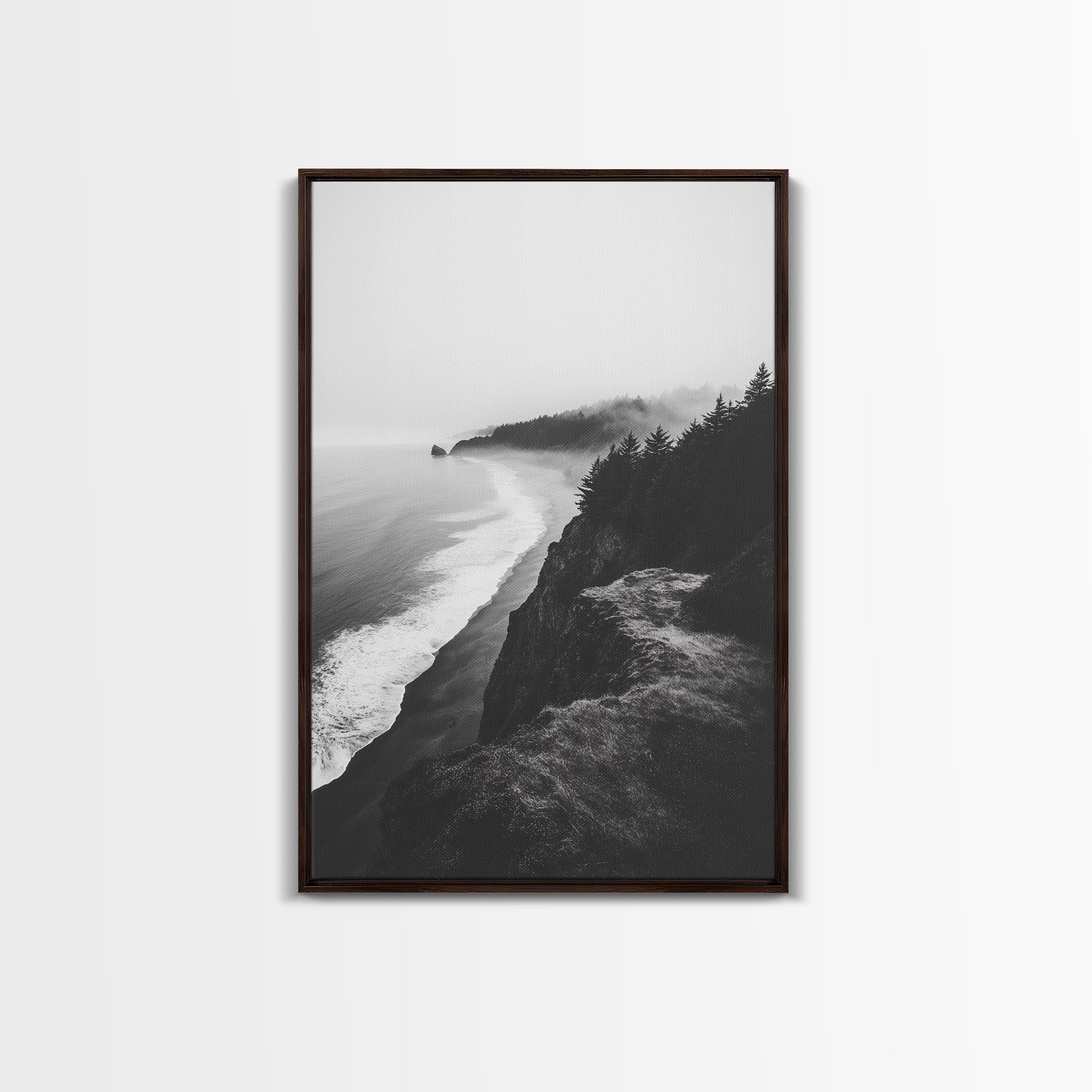 Misty Coastline, Pine Forest, Foggy Morning, Framed Canvas Print, Moody Nature Decor, Living Room Wall Art, Monochrome Style Walnut Frame