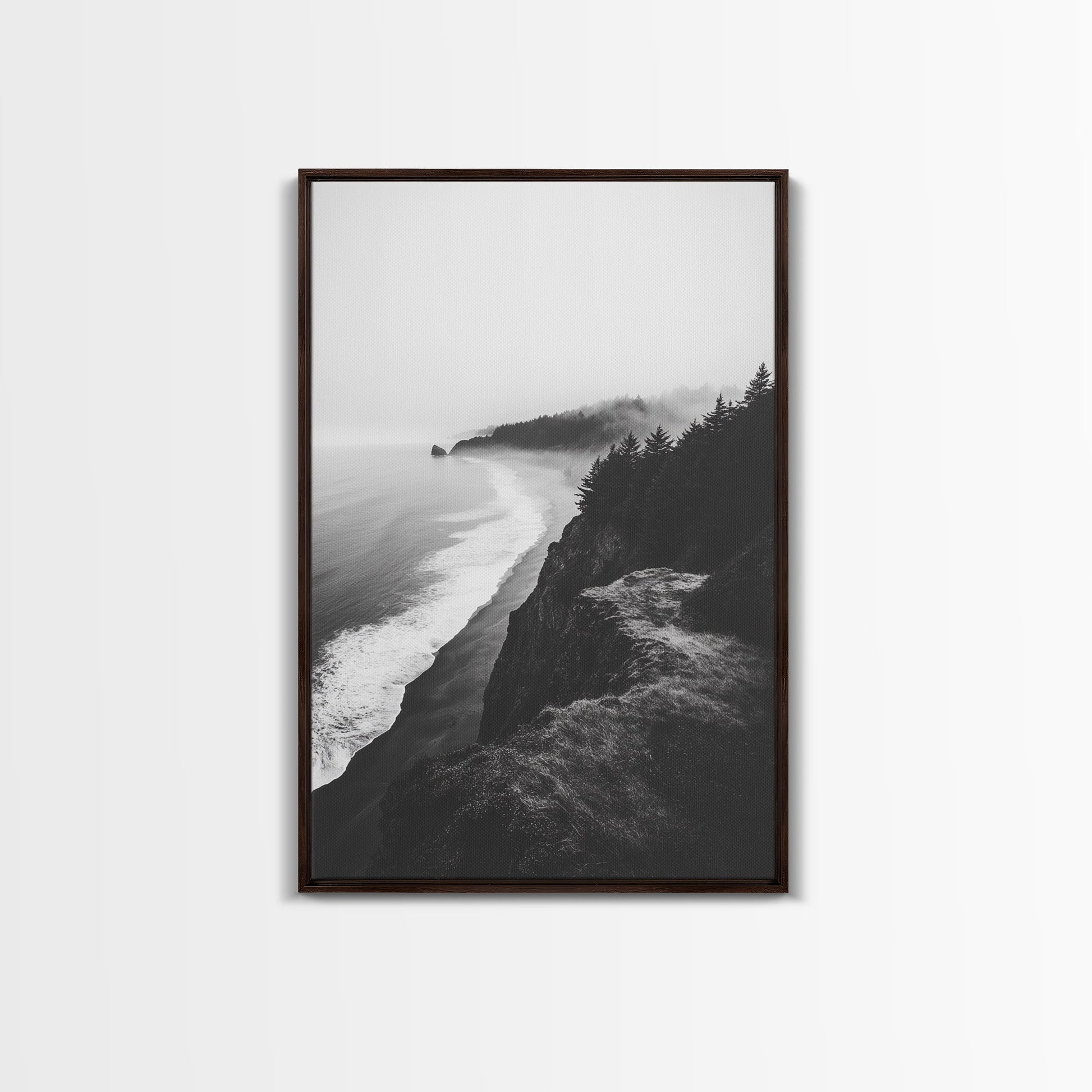 Misty Coastline, Pine Forest, Foggy Morning, Framed Canvas Print, Moody Nature Decor, Living Room Wall Art, Monochrome Style Dark Brown Floater