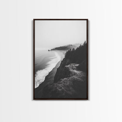 Misty Coastline, Pine Forest, Foggy Morning, Framed Canvas Print, Moody Nature Decor, Living Room Wall Art, Monochrome Style Dark Brown Floater