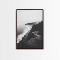 Misty Coastline, Pine Forest, Foggy Morning, Framed Canvas Print, Moody Nature Decor, Living Room Wall Art, Monochrome Style Walnut Frame