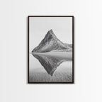 Mountain Mirror, Coastal Peak, Serene Beach, Canvas Print, Minimalist Landscape Art, Modern Living Room Wall Decor, Monochrome Nature Style Walnut Frame