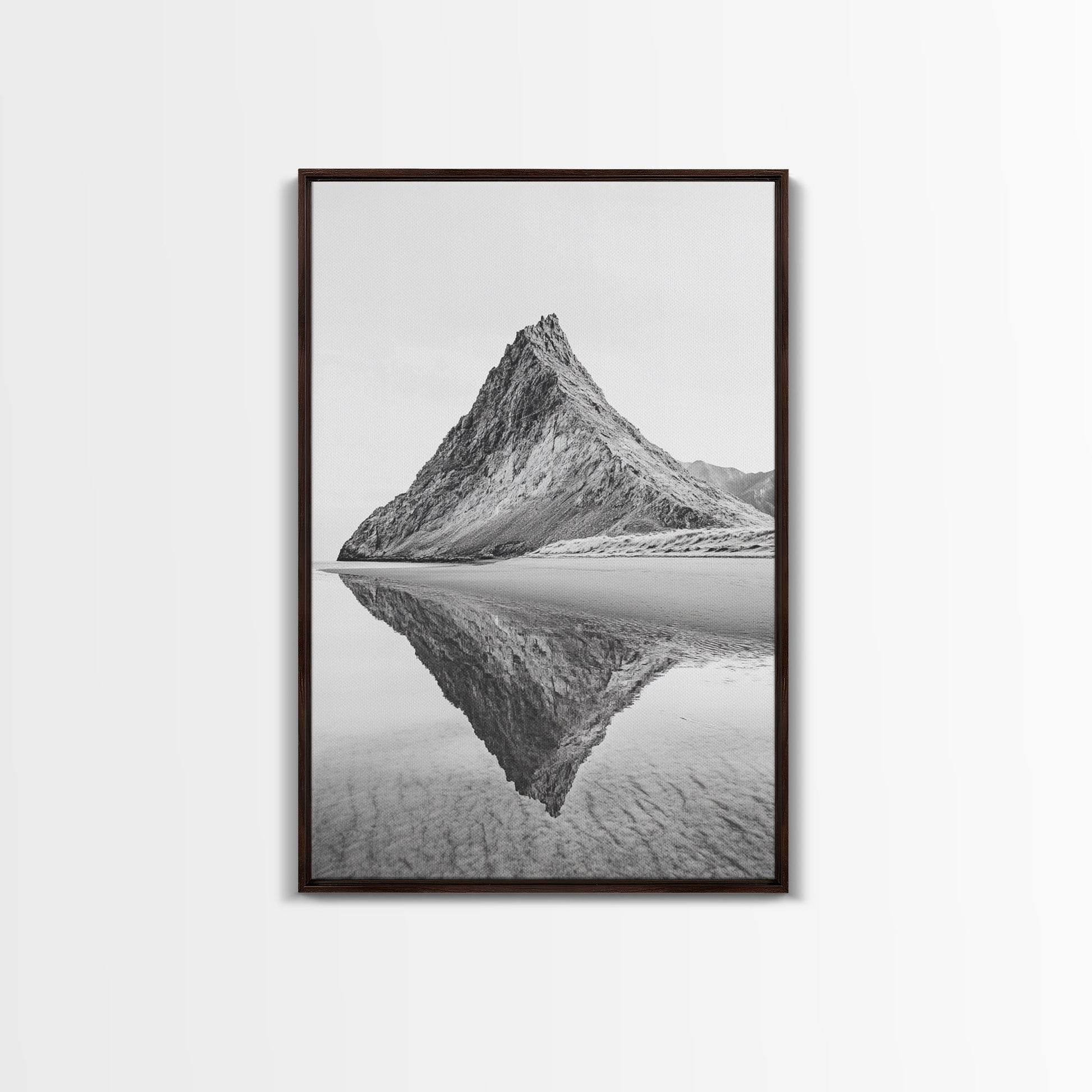 Mountain Mirror, Coastal Peak, Serene Beach, Canvas Print, Minimalist Landscape Art, Modern Living Room Wall Decor, Monochrome Nature Style Dark Brown Floater