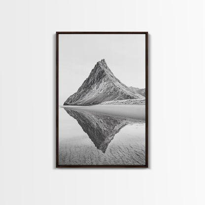 Mountain Mirror, Coastal Peak, Serene Beach, Canvas Print, Minimalist Landscape Art, Modern Living Room Wall Decor, Monochrome Nature Style Dark Brown Floater