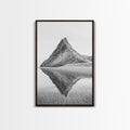 Mountain Mirror, Coastal Peak, Serene Beach, Canvas Print, Minimalist Landscape Art, Modern Living Room Wall Decor, Monochrome Nature Style Walnut Frame