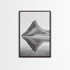 Mountain Mirror, Coastal Peak, Serene Beach, Canvas Print, Minimalist Landscape Art, Modern Living Room Wall Decor, Monochrome Nature Style Walnut Frame