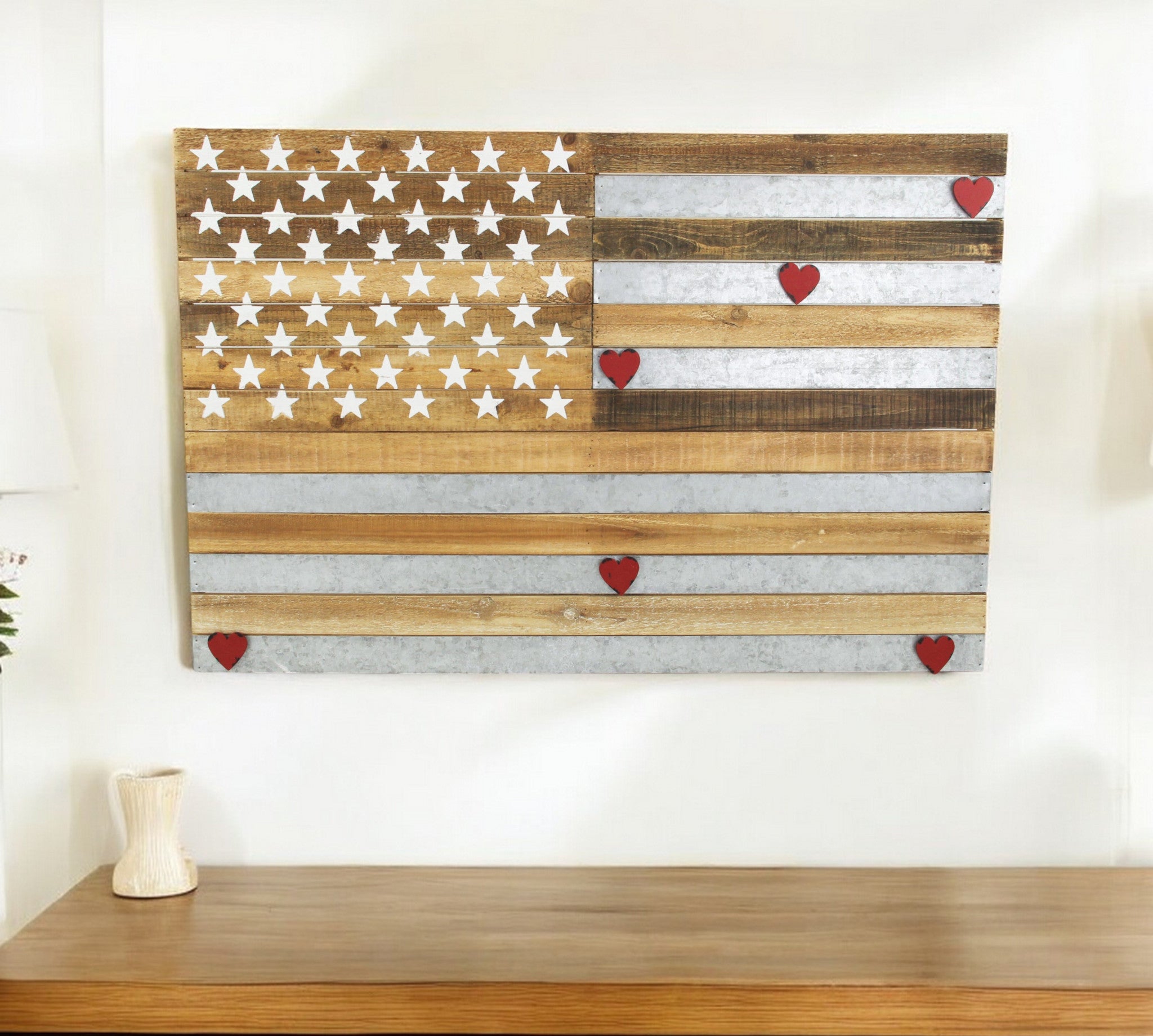 24" X 36" Brown and Gray Stars And Stripes Wood and Metal Hanging Dimensional Sculpture Main image