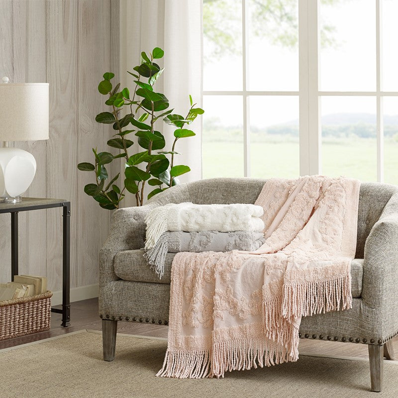 Chloe 100% Cotton Tufted Chenille Lightweight Throw with Fringe Tassel