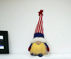 14" Red White and Blue Fabric Independence Day Standing Gnome Tabletop Sculpture with LED