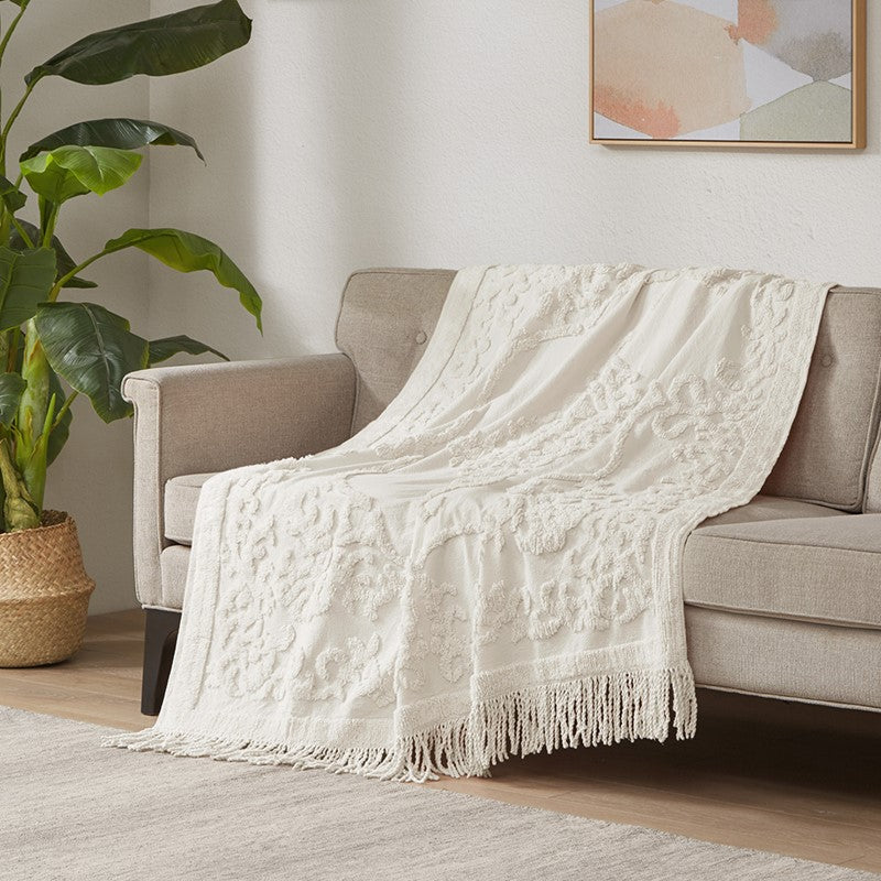 Chloe 100% Cotton Tufted Chenille Lightweight Throw with Fringe Tassel