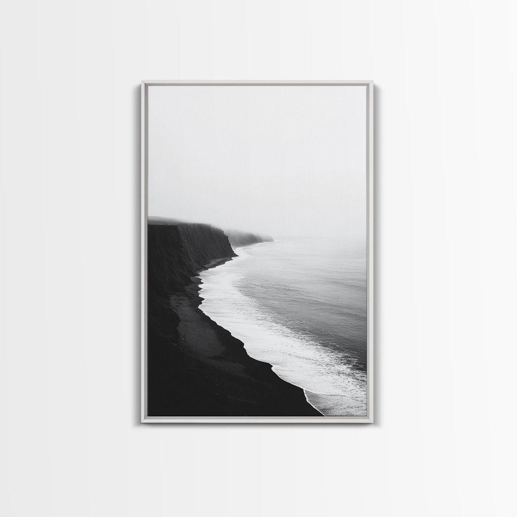 Cliff Coast, Mist Horizon, Monochrome Sea, Rugged Beauty, Canvas Print, Living Room Wall Art, Coastal Modern Style, Minimalist Ocean Scene White Frame