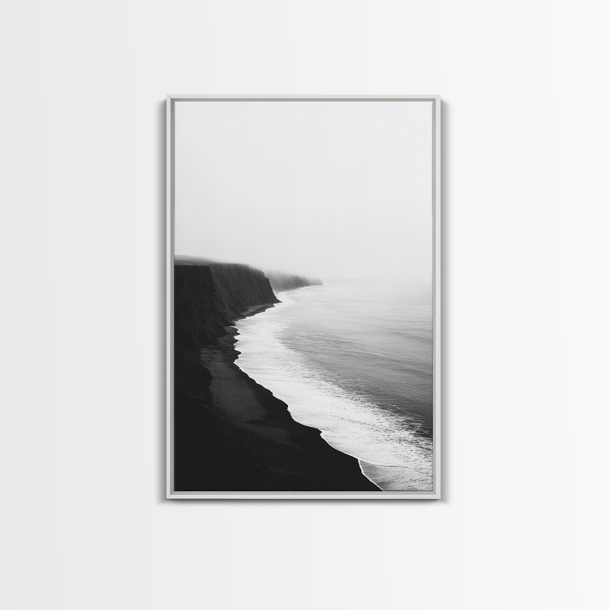 Cliff Coast, Mist Horizon, Monochrome Sea, Rugged Beauty, Canvas Print, Living Room Wall Art, Coastal Modern Style, Minimalist Ocean Scene White Frame