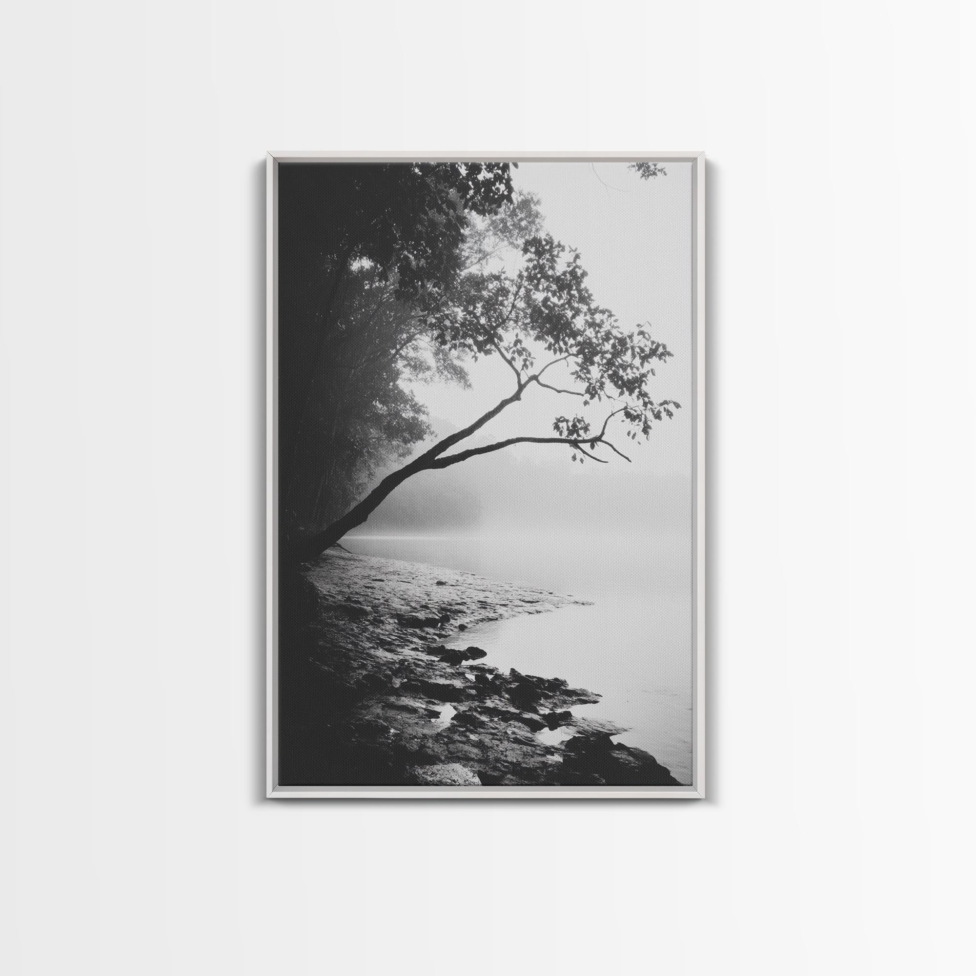 Misty Tree, Shoreline Fog, Forest Edge, Moody Atmosphere, Framed Canvas Print, Bedroom Wall Art, Autumn Woodland Style, Serene Nature Decor White Frame