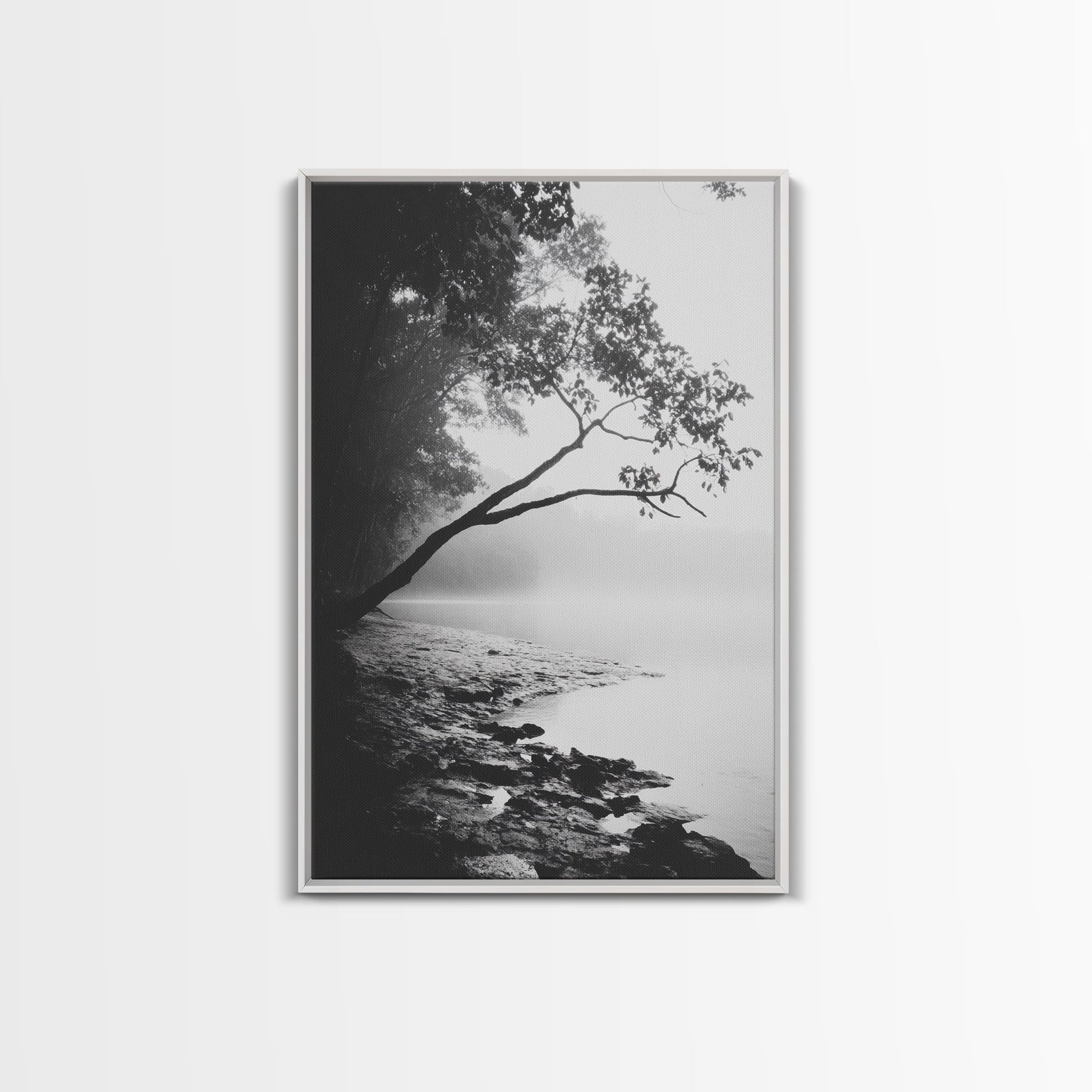Misty Tree, Shoreline Fog, Forest Edge, Moody Atmosphere, Framed Canvas Print, Bedroom Wall Art, Autumn Woodland Style, Serene Nature Decor White Floater