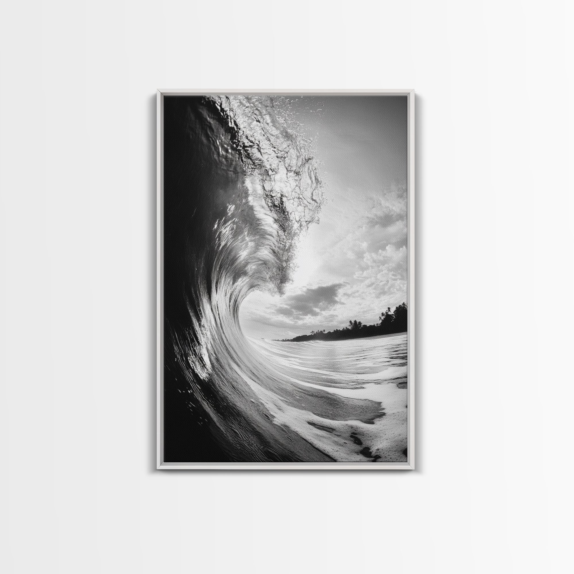 Ocean Wave Curl, Sea Barrel Art, Surf Power Print, Framed Canvas Print, Bathroom Wall Art, Modern Beach Decor, Black White Seascape White Frame