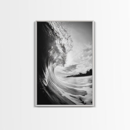 Ocean Wave Curl, Sea Barrel Art, Surf Power Print, Framed Canvas Print, Bathroom Wall Art, Modern Beach Decor, Black White Seascape White Floater