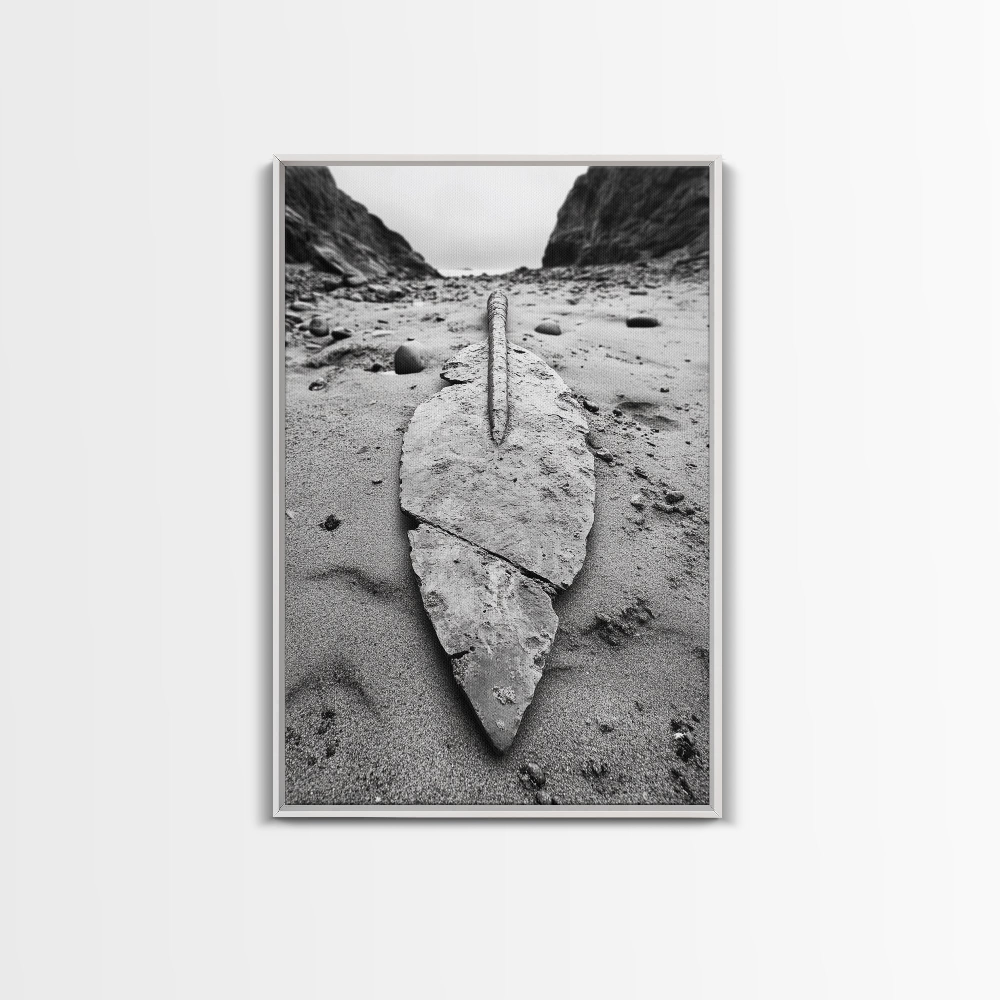 Fossil Rock Shore, Beach Minimalism, Sand Texture Art, Canvas Print, Coastal Wall Art, Natural History Decor, Abstract Earthy Art White Frame