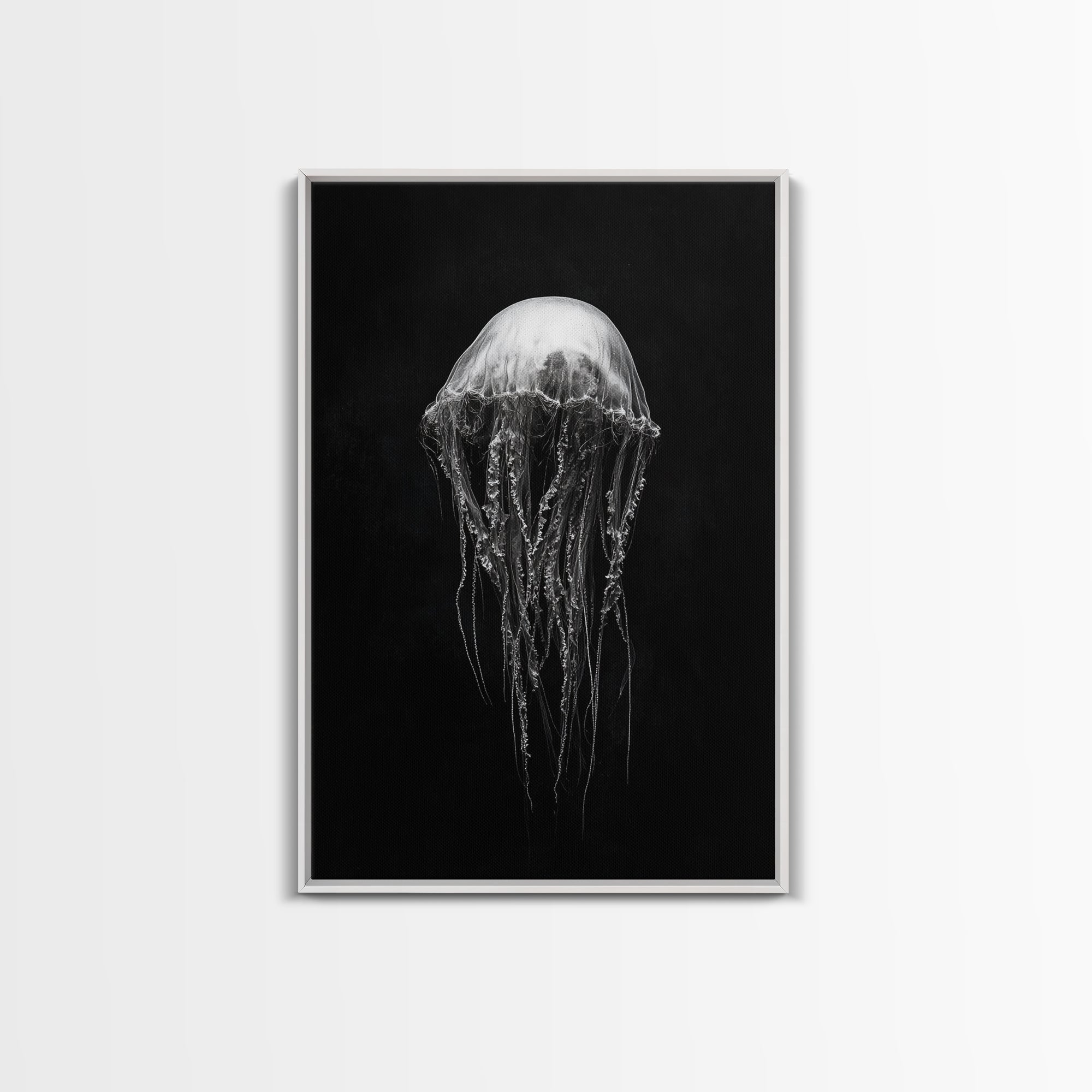 Elegant Jellyfish Art, Ocean Wildlife, Monochrome Marine, Framed Canvas Print, Bathroom Decor, Nautical Wall Art, Minimalist Sea Life White Frame