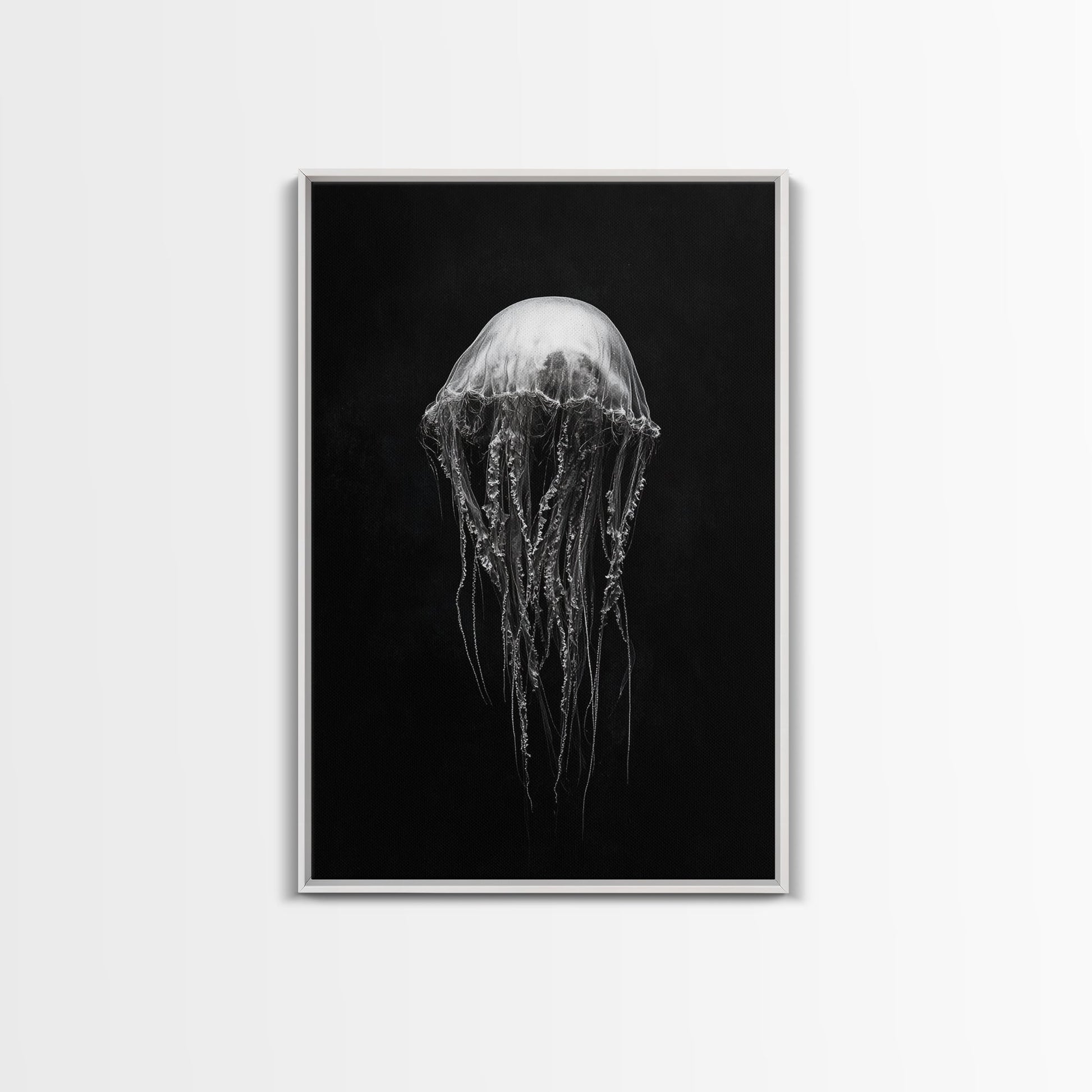 Elegant Jellyfish Art, Ocean Wildlife, Monochrome Marine, Framed Canvas Print, Bathroom Decor, Nautical Wall Art, Minimalist Sea Life White Floater