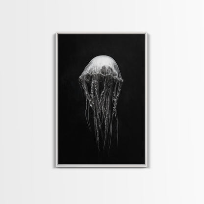 Elegant Jellyfish Art, Ocean Wildlife, Monochrome Marine, Framed Canvas Print, Bathroom Decor, Nautical Wall Art, Minimalist Sea Life White Floater
