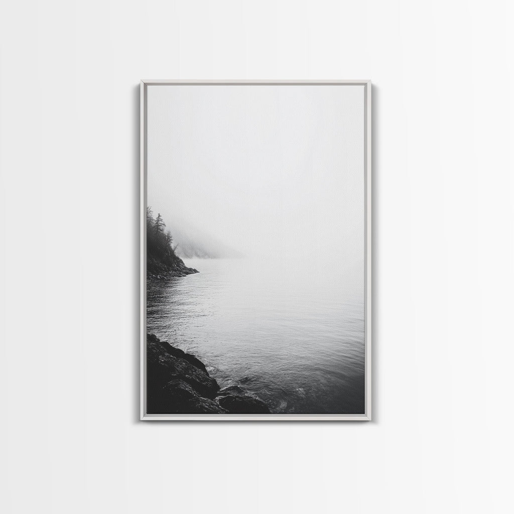 Misty Lakeshore, Foggy Forest Water, Monochrome Tranquility, Framed Canvas Print, Minimalist Art, Calm Landscape, Bedroom Wall Decor White Frame