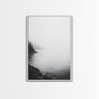 Misty Lakeshore, Foggy Forest Water, Monochrome Tranquility, Framed Canvas Print, Minimalist Art, Calm Landscape, Bedroom Wall Decor White Frame