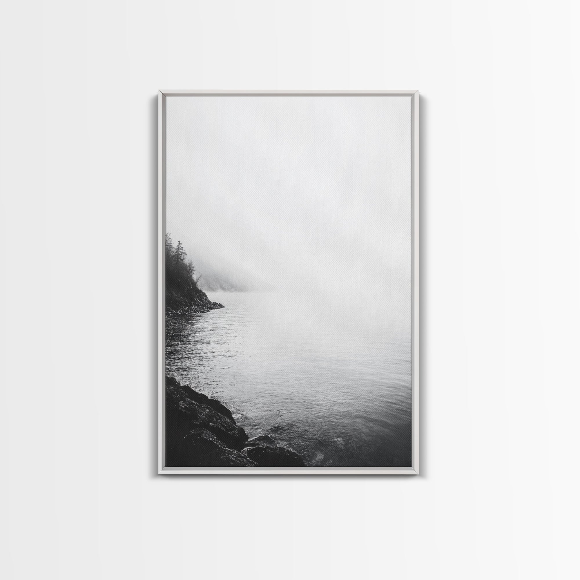 Misty Lakeshore, Foggy Forest Water, Monochrome Tranquility, Framed Canvas Print, Minimalist Art, Calm Landscape, Bedroom Wall Decor White Frame