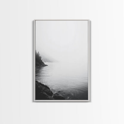 Misty Lakeshore, Foggy Forest Water, Monochrome Tranquility, Framed Canvas Print, Minimalist Art, Calm Landscape, Bedroom Wall Decor White Floater