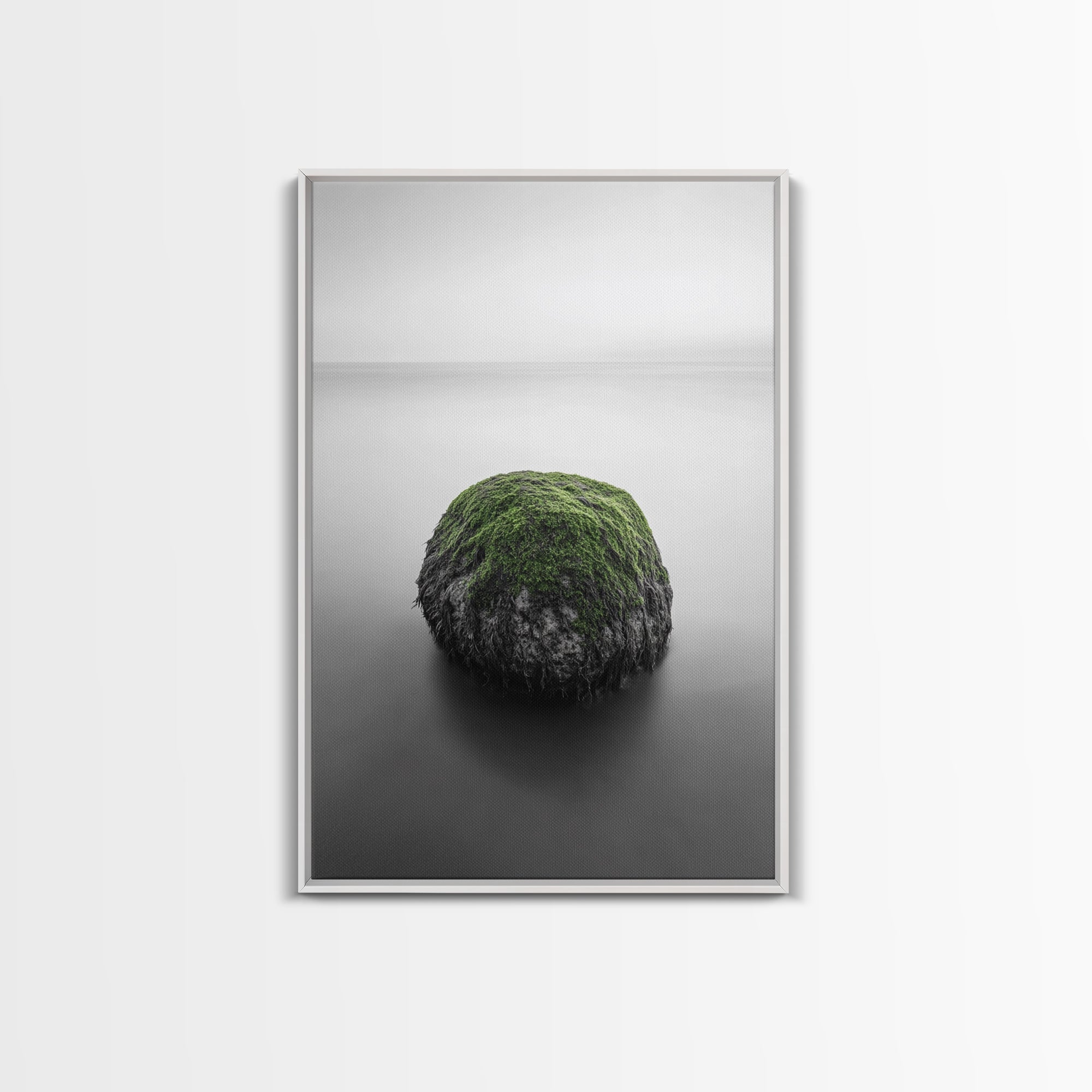 Moss Rock Minimal, Green Accent Art, Coastal Zen Decor, Framed Canvas Print, Modern Neutral Room, Nature Wall Aesthetic White Frame