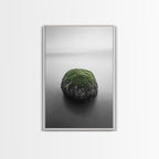 Moss Rock Minimal, Green Accent Art, Coastal Zen Decor, Framed Canvas Print, Modern Neutral Room, Nature Wall Aesthetic White Frame