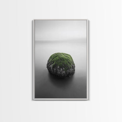 Moss Rock Minimal, Green Accent Art, Coastal Zen Decor, Framed Canvas Print, Modern Neutral Room, Nature Wall Aesthetic White Floater