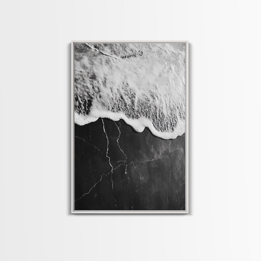 Wave Edge, Cracked Earth, Tide Meets Stone, Nature Contrast, Canvas Print, Abstract Ocean Art, Minimalist Wall Decor, Bathroom Artwork White Frame