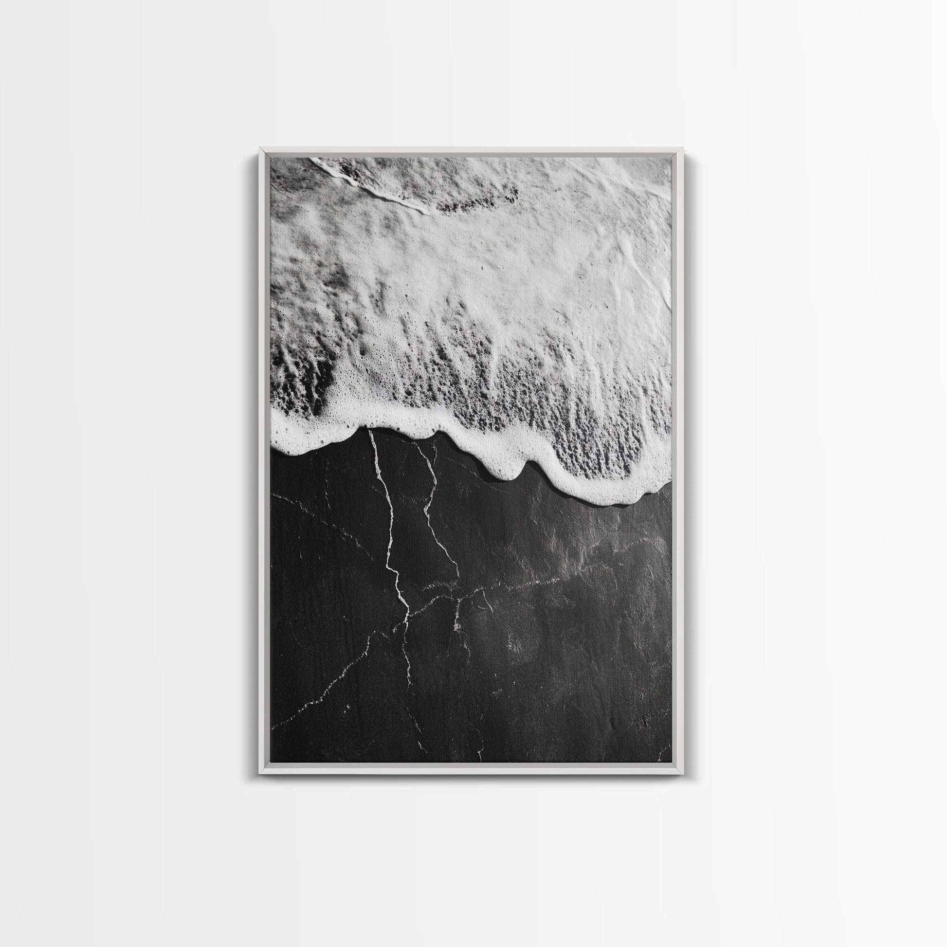 Wave Edge, Cracked Earth, Tide Meets Stone, Nature Contrast, Canvas Print, Abstract Ocean Art, Minimalist Wall Decor, Bathroom Artwork White Floater