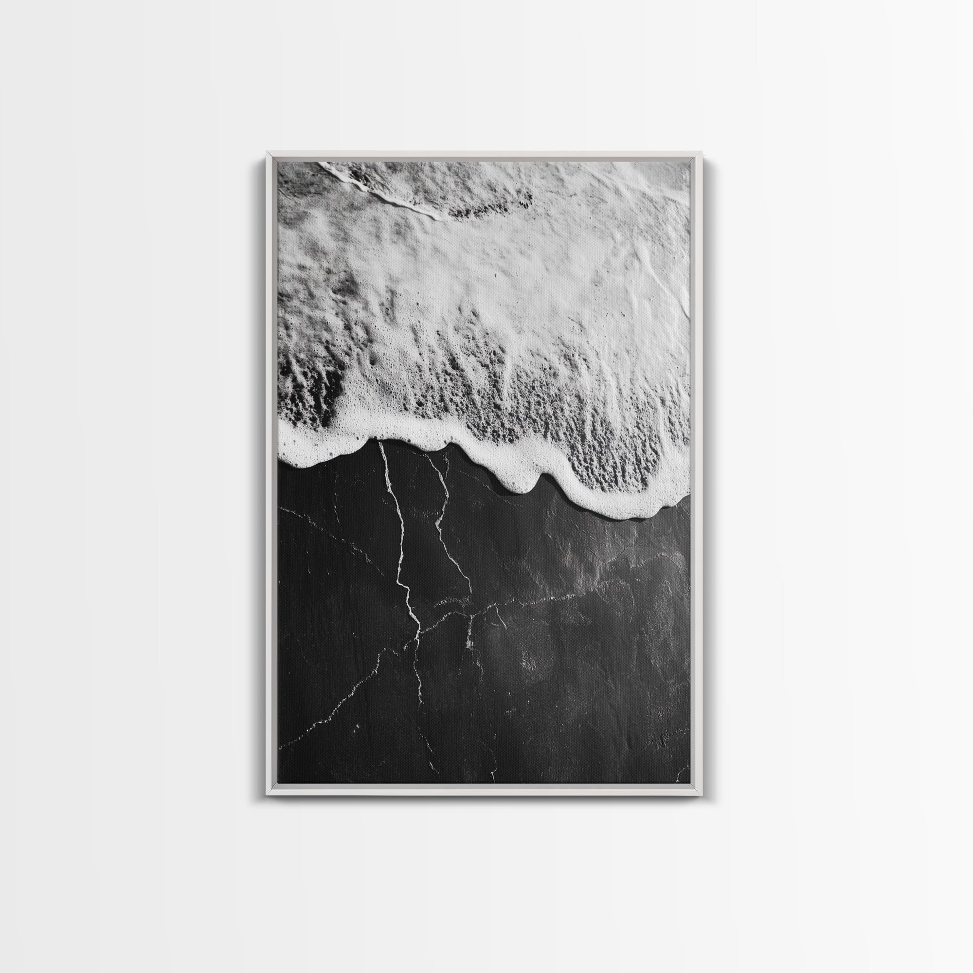 Wave Edge, Cracked Earth, Tide Meets Stone, Nature Contrast, Canvas Print, Abstract Ocean Art, Minimalist Wall Decor, Bathroom Artwork White Frame