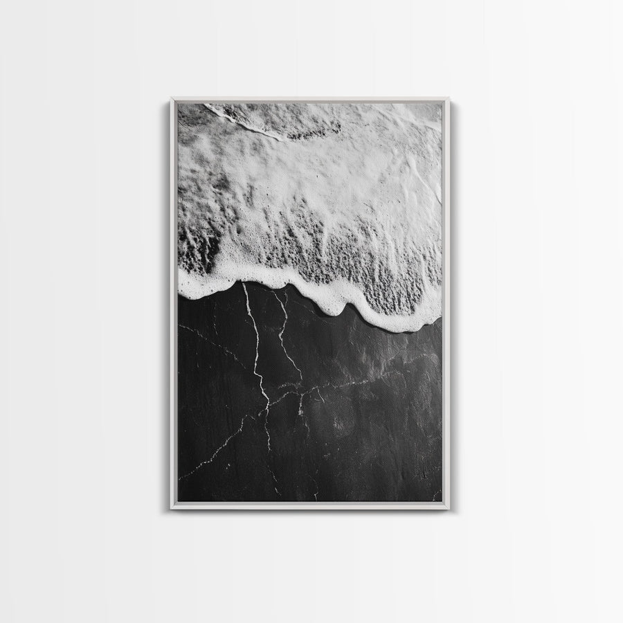 Wave Edge, Cracked Earth, Tide Meets Stone, Nature Contrast, Canvas Print, Abstract Ocean Art, Minimalist Wall Decor, Bathroom Artwork White Frame